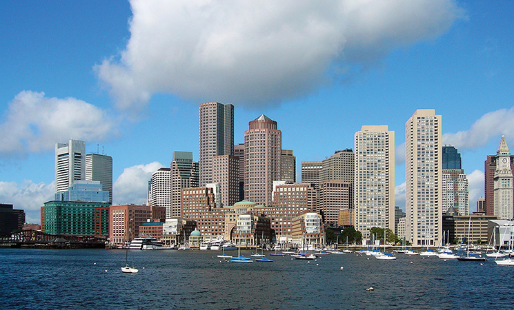 Boston city riverside skyscrapers on a sunny day